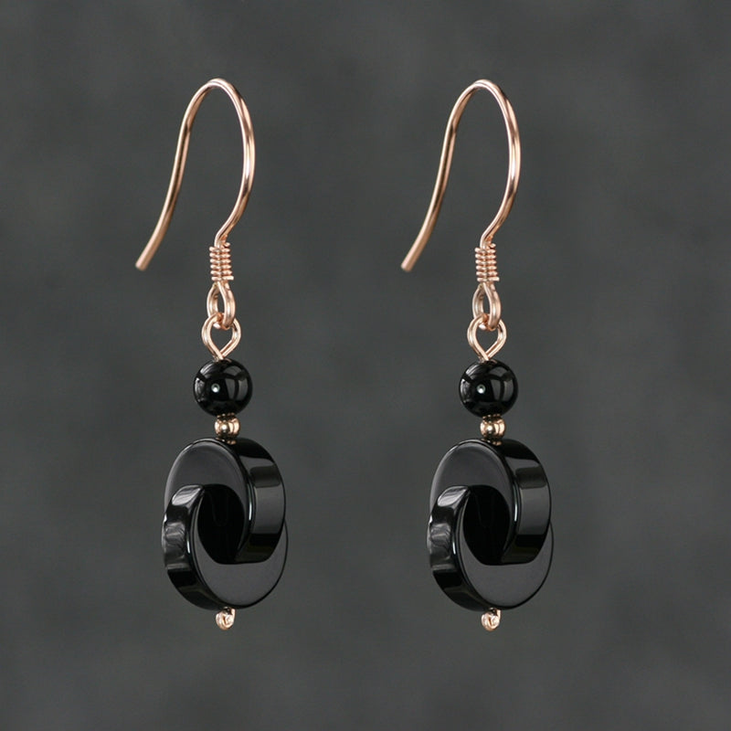 Natural A-level black agate earrings with female original design features, 14K gold-plated earrings with anti-oxidation and anti allergic properties