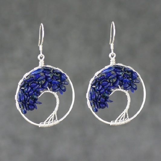 Natural lapis lazuli pure silver earrings, female original design, life tree branches, wealth tree earrings