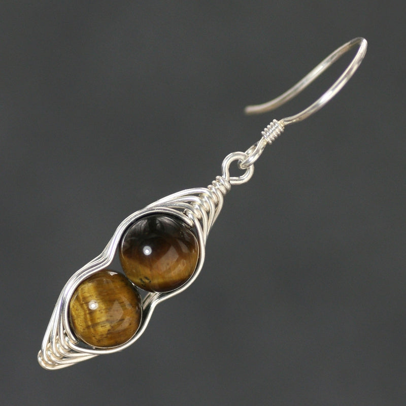 Natural tiger eye stone pure silver earrings with original female design, featuring European and American style turmeric and khaki handmade jewelry