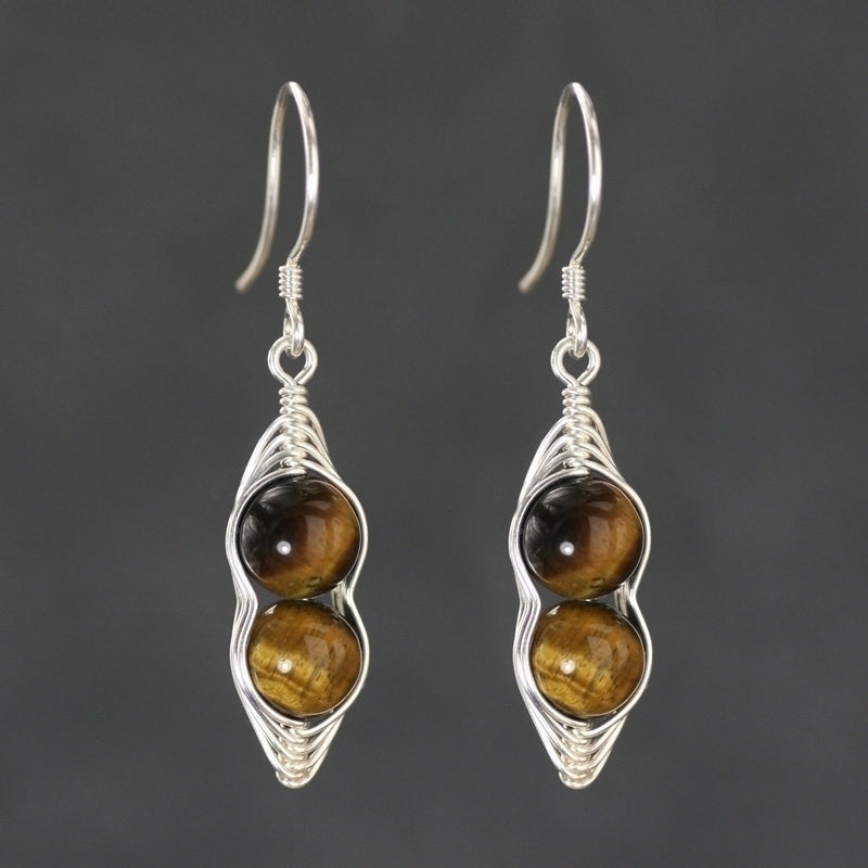 Natural tiger eye stone pure silver earrings with original female design, featuring European and American style turmeric and khaki handmade jewelry