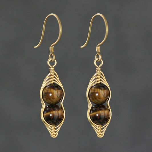 Natural tiger eye stone pure silver earrings with original female design, featuring European and American style turmeric and khaki handmade jewelry